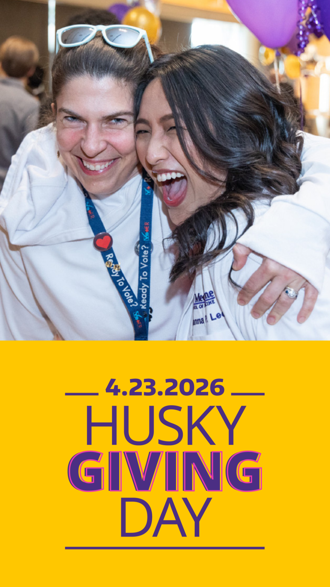 A UW School of Medicine student and instructor celebrate during Match Day 2026. The image includes the 2026 Husky Giving Day logo lockup.